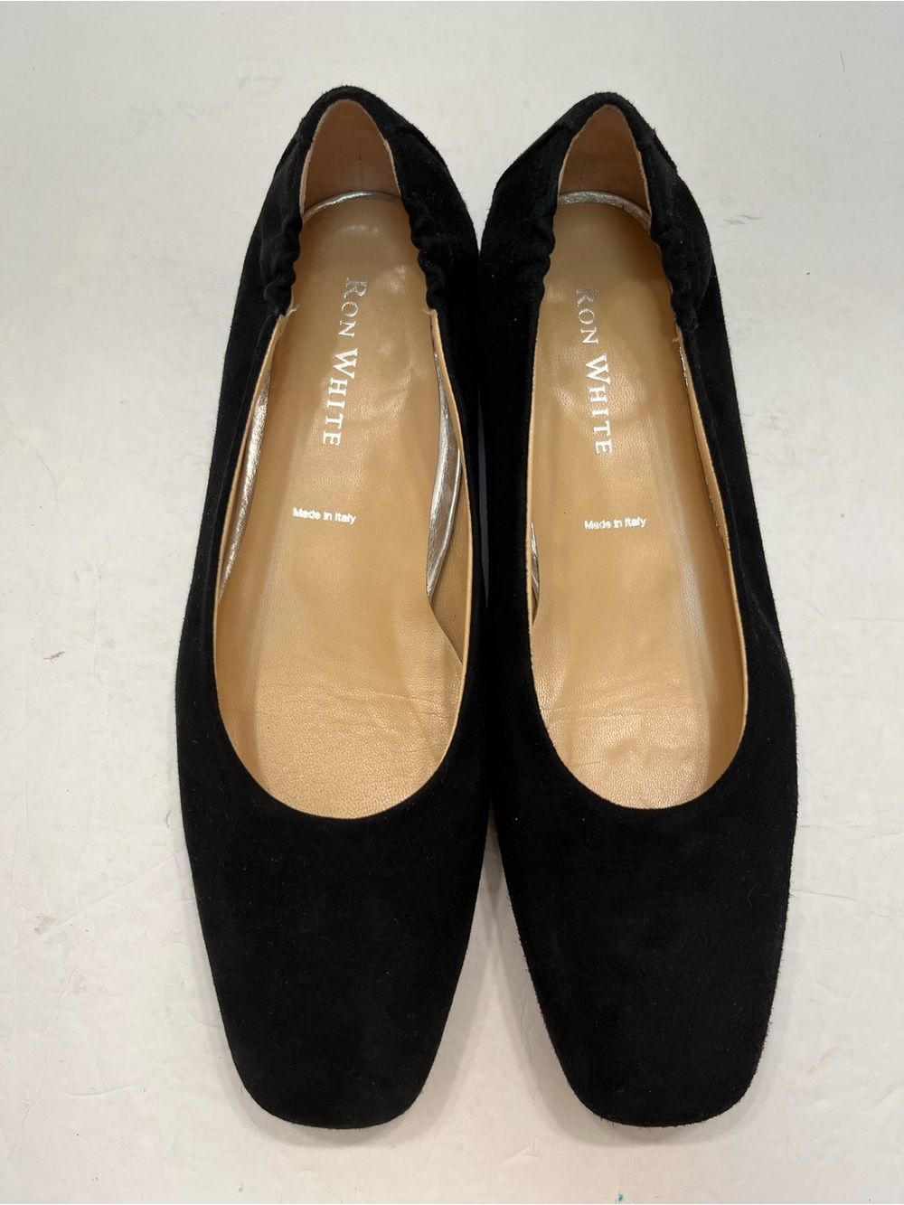 RON WHITE Black Suede Ballet Flats Elastic Collar Italy Women's Size 38.5 US 8.5